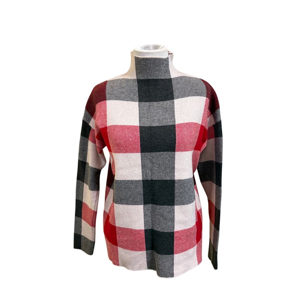 Tahari Mockneck Sweater Buffalo Plaid Gray Red Cream Women's size XS